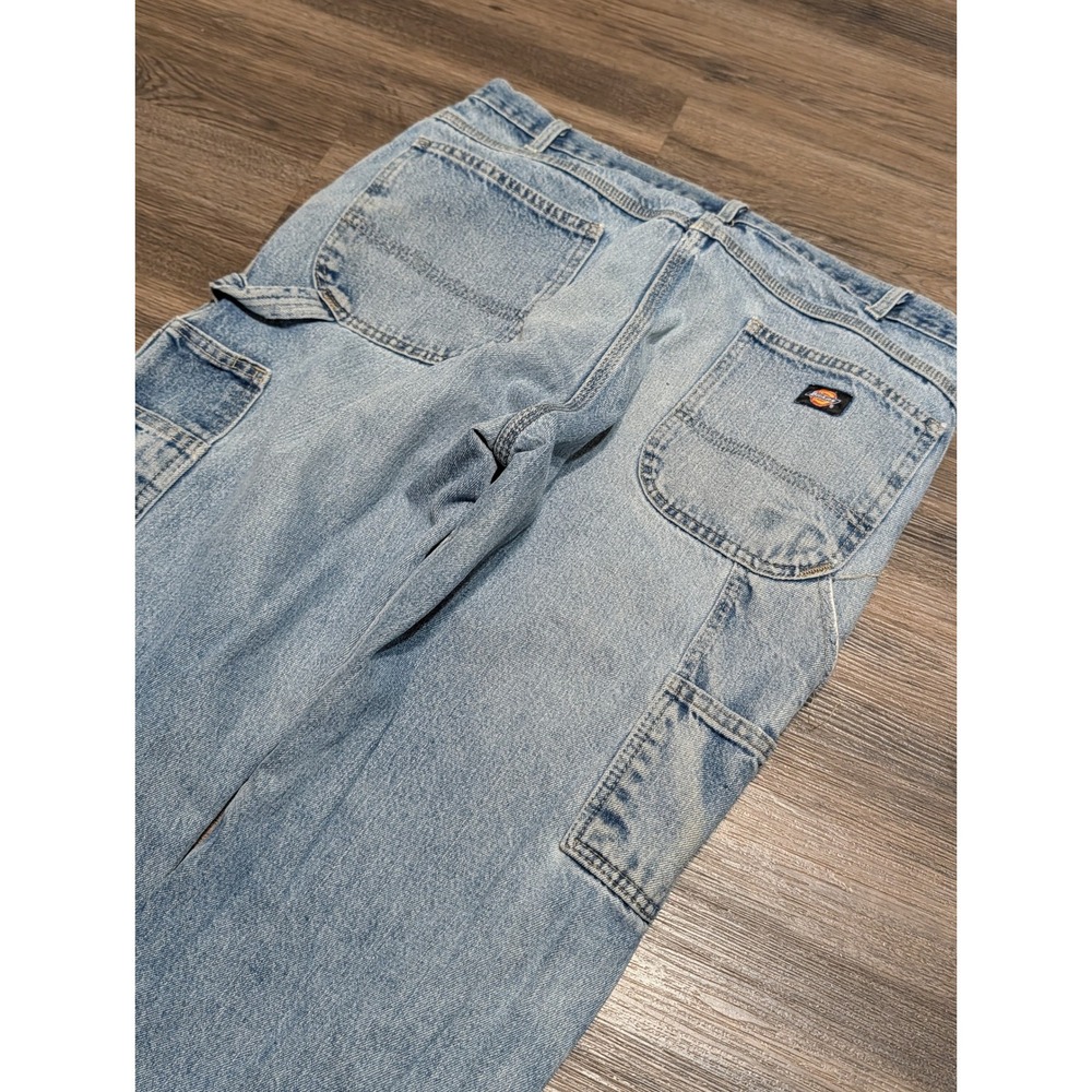 Dickies Mens 38x30 Double Knee Carpenter Jeans Light Wash Distressed Blue Denim - Picture 4 of 8